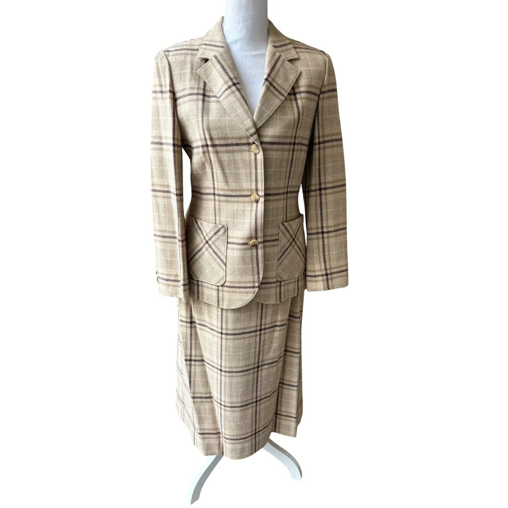 Vintage 60s 70s Pendleton Wool Skirt Suit S Plaid Blazer Academia Mod USA
